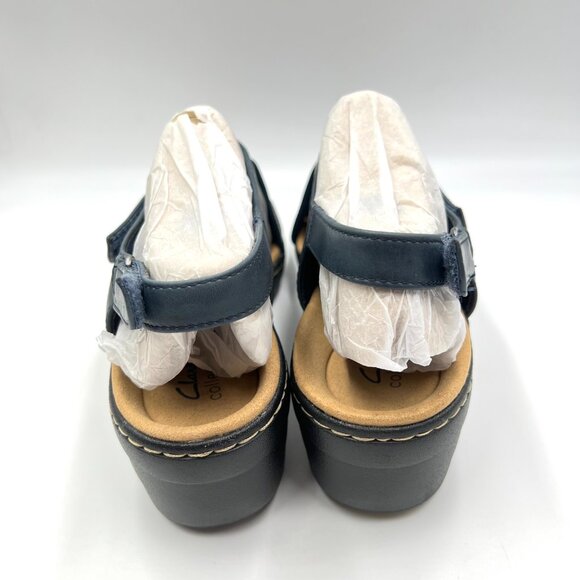 Clarks Womens Size 12‎ Merliah Echo Navy Blue Leather Low Wedges Sandals Shoes - Picture 7 of 14